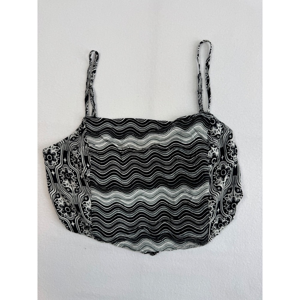 Boho SO Wavy Floral Print Crop Tank Top Womens Large Black White Tie Back‎